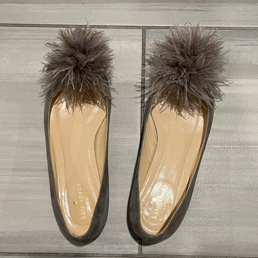 Kate Spade Charcoal Flats with Fluffy Pom Pom